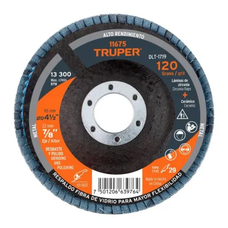  Discos Flap Discs Laminado 4 1/2" G120 Lija de Zirconia, DLT-1719 11675 Truper 7.966102 Disco Abrasivo Laminado 4 1/2" Grano 12