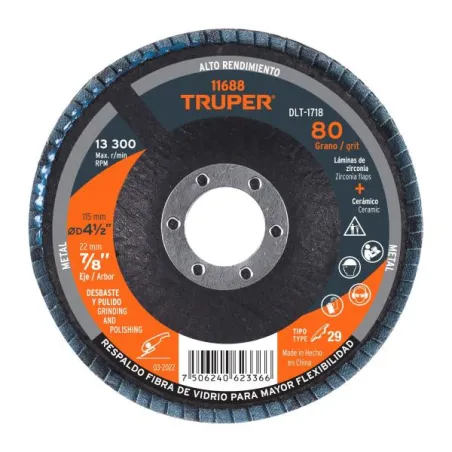  Discos Flap Discs Laminado 4 1/2" G80 Lija de Zirconia, DLT-1718 11688 Truper 7.966102 Disco Abrasivo Laminado 4 1/2" Grano 80,