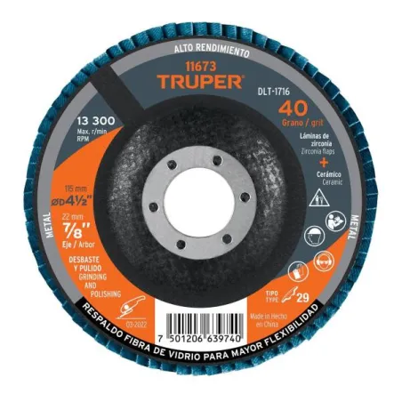  Discos Flap Discs Laminado 4 1/2" G40 Lija de Zirconia, DLT-1716 11673 Truper 7.966102 Disco Abrasivo Laminado 4 1/2" Grano 40,