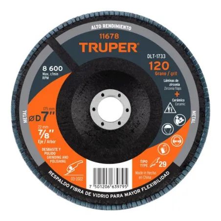  Discos Flap Discs Laminado 7" G120 Lija de Zirconia, DLT-1733 11678 Truper 17.79661 Disco Abrasivo Laminado 7" Grano 120, Centr