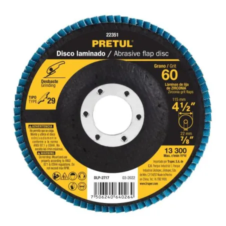  Discos Flap Discs Laminado 4 1/2" G60 Lija de Zirconia, DLP-2717 22351 Pretul 4.576271 Disco Abrasivo Flap Discs Laminado 4 1/2