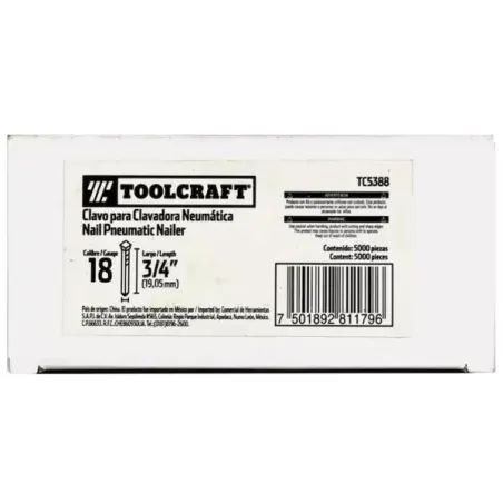  Clavos Calibre 18 L19mm Clavadora Neumatica 5000Pzs Toolcraft TC5388 13.135593 Clavos 3/4" Calibre 18 Clavadora Neumatica 5000P