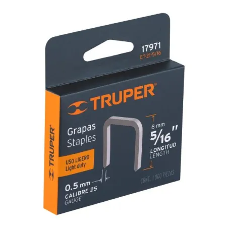  Grapas 5/16" Corona 29/64" Calibre 25 x1000u para Engrapadora ET-21 ET-21P, ET-21-5/16 17971 Truper 2.542373 Grapas 5/16" 8mm C