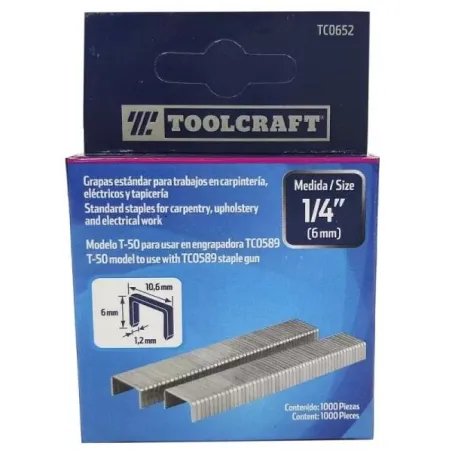  Grapas 1/4 Corona 10.6mm Para Engrapadora T-50 TC0589 Toolcraft TC0652 4.237288 Grapas 1/4 Corona 10.6mm Para Engranpadora T-50