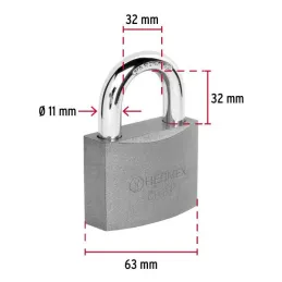  Candados 63mm S5 Hierro Hermex 43801 12.966102 Candados 63mm S5 Hierro Hermex 43801 Cuerpo de hierro en una sola pieza y gancho