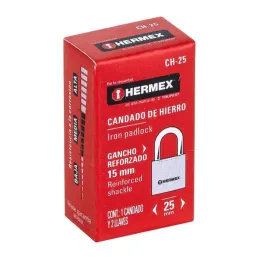 Candados 25mm S2 Hierro Hermex 43795 Hermex-Candados 25mm S2 Hierro Hermex 43795 Cuerpo de hierro en una sola pieza y gancho cor