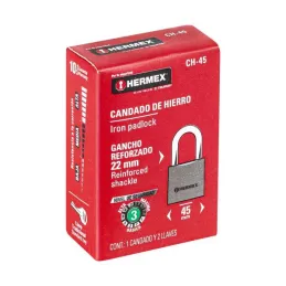 Candados 45mm S4 Hierro Hermex 43316 Hermex-Candados 45mm S4 Hierro Hermex 43316 Cuerpo de hierro en una sola pieza y gancho cor