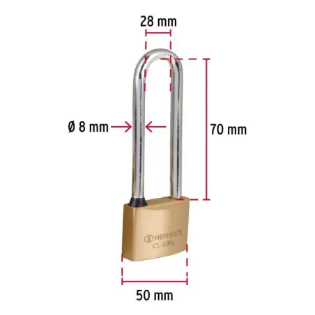 Candados 50mm S6 ExtraLargo 2llaves Hermex 43442 Hermex-Candados 50mm S6 ExtraLargo 2llaves Hermex 43442 Cuerpo de latón sólido 