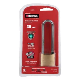 Candados 30mm S4 ExtraLargo 2llaves Hermex 43440 Hermex-Candados 30mm S4 ExtraLargo 2llaves Hermex 43440 Cuerpo de latón sólido 