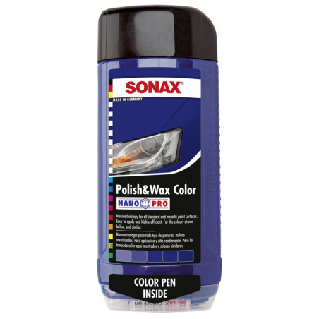 Cera Polish & Wax Color Azul con Nano Pro, Incluye Color Pen, Limpia abrillanta y protege, 500 ml, 296200 SONAX