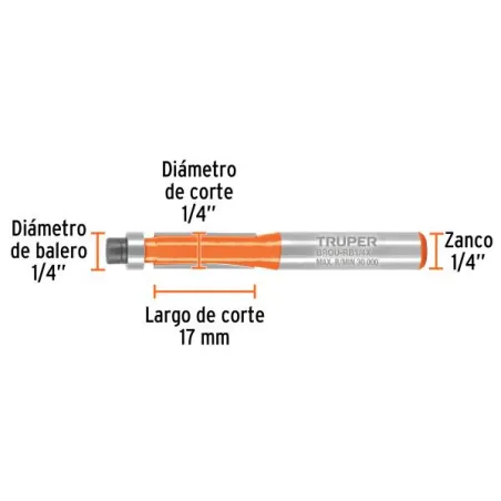  Fresas Corte Recto 1/4" x17mm cRodaje Truper 102720 15.084746 Fresas Corte Recto 1/4" x17mm cRodaje Truper 102720 Cuerpo de ace