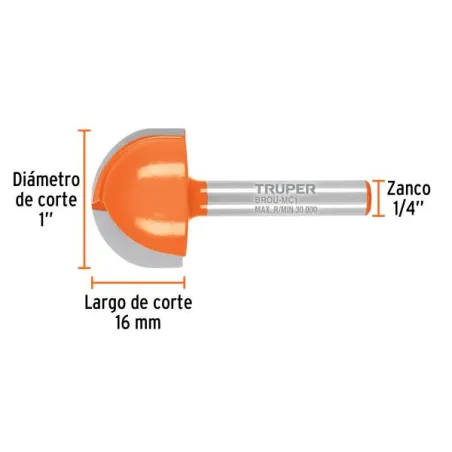  Fresas Media Caña 1" x16mm Truper 102723 19.491525 Fresas Media Caña 1" x16mm Truper 102723 Cuerpo de acero al cromo y cuchilla