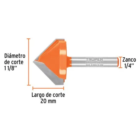  Fresas Corte V 1-1/8" x20mm Truper 102719 20.338983 Fresas Corte V 1-1/8" x20mm Truper 102719 Cuerpo de acero al cromo y cuchil