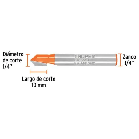  Fresas Corte V 1/4" x10mm Truper 102718 9.915254 Fresas Corte V 1/4" x10mm Truper 11465 Cuerpo de acero al cromo y cuchilla de 