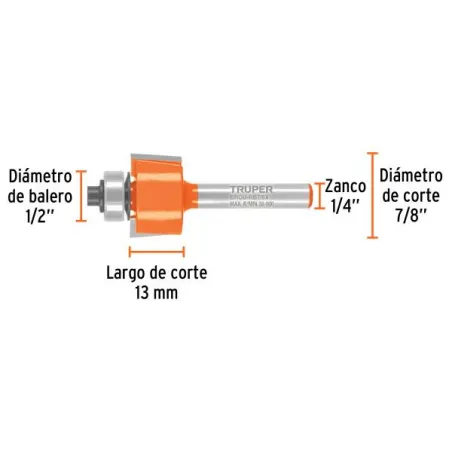  Fresas Rebajadora 7/8" x13mm cRodaje Truper 102724 17.79661 Fresas Rebajadora 7/8" x13mm cRodaje Truper 102724 Cuerpo de acero 