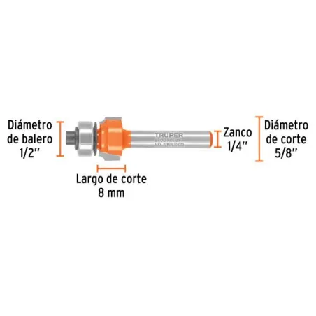  Fresas Redondeadoras 5/8" x8mm cRodaje Truper 102726 15.254237 Fresas Redondeadoras 5/8" x8mm cRodaje Truper 102726 Cuerpo de a