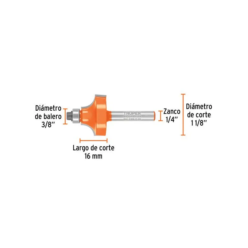 Fresas Redondeadoras 1-1/8" x16mm cRodaje, Truper 102725