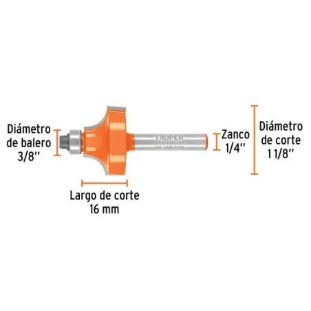  Fresas Redondeadoras 1-1/8" x16mm cRodaje, Truper 102725 19.491525 Fresas Redondeadoras 1-1/8" x16mm cRodaje, Truper 102725 Cue