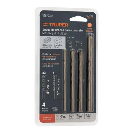  Juego de Brocas para Concreto 4 Piezas Truper 102706 6.949153 Juego de Brocas para Concreto 4 Piezas Truper 102706 Cuerpo de ac