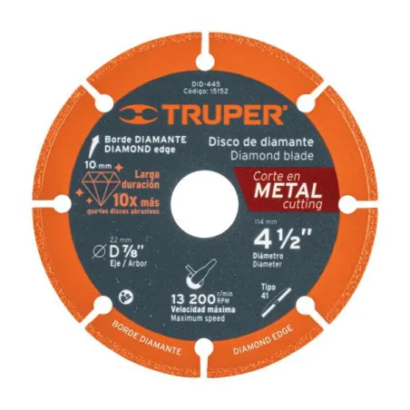  Discos de diamantes 4-1/2" x1.6mm para corte metal E7/8 Truper 15152 35.59322 Discos de diamantes 4-1/2" x1.6mm para corte meta