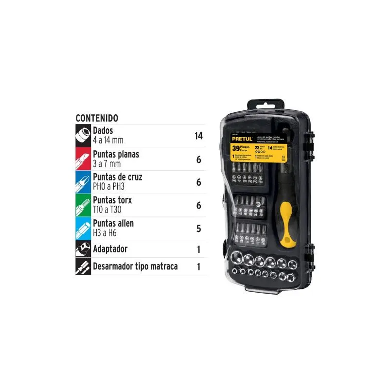 Juegos de herramientas 39 Piezas E1/4-3/8 EP Dados y Puntas Pretul 23971
