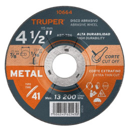 Discos Corte Metal 4 1/2" x2mm T41 Oxido de Alumino, ABT-786 10664 Truper
