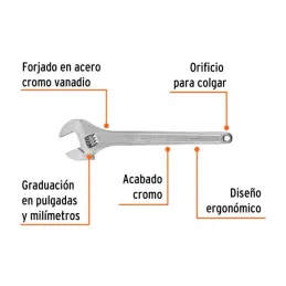 Llave Francesa 15" A1-3/4" Profesionales CrVanadio Cromadas Truper 100049 Truper-Llave Francesa 15" A1-3/4" Profesionales CrVana